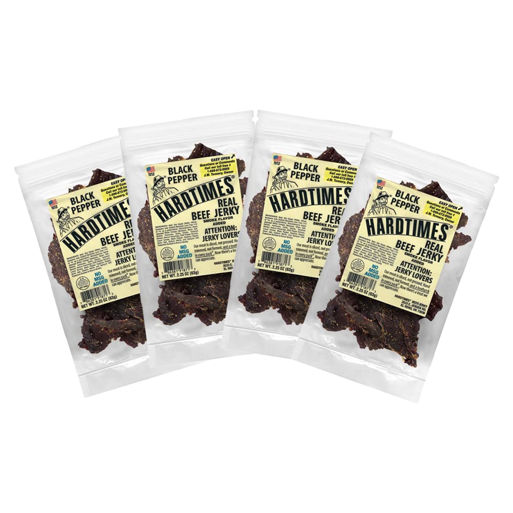 Hardtimes Black Pepper Beef Jerky close-up with bold pepper and tender slices.