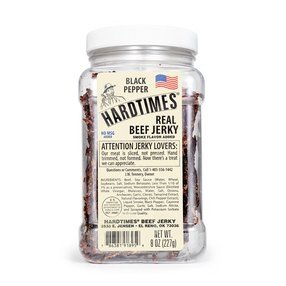 Hardtimes black pepper beef jerky jar label visible, ideal on-the-go protein
