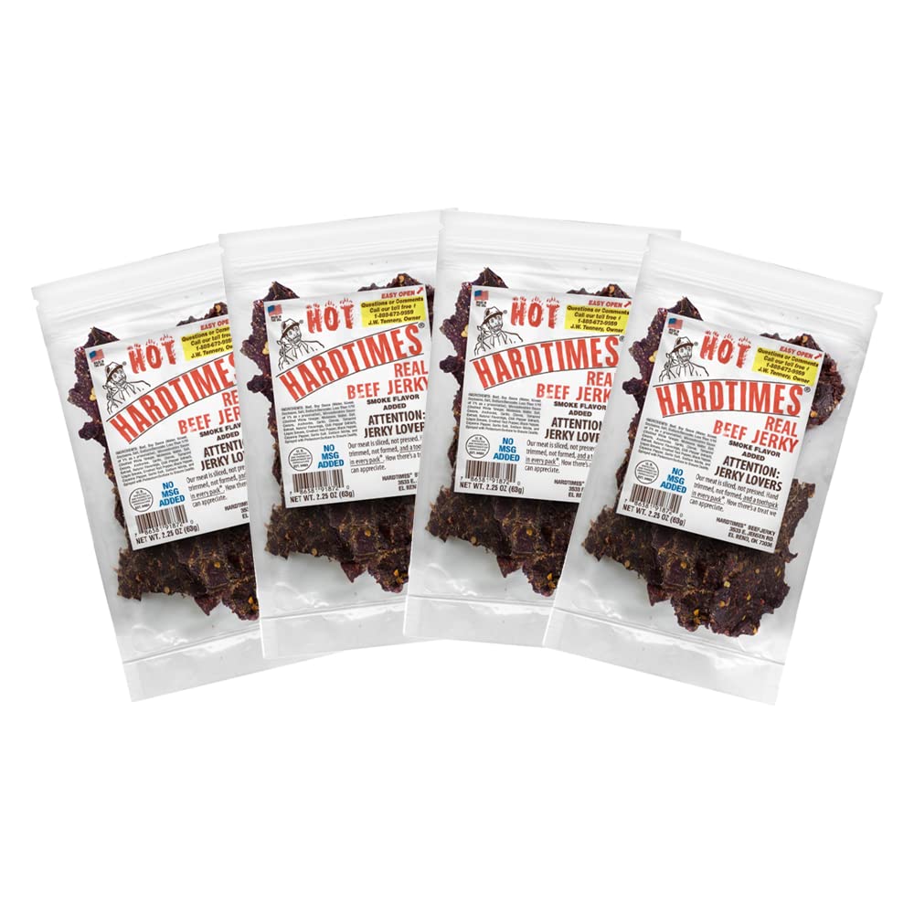 Hardtimes Hot Beef Jerky 4-pack box front, a convenient protein snack option.
