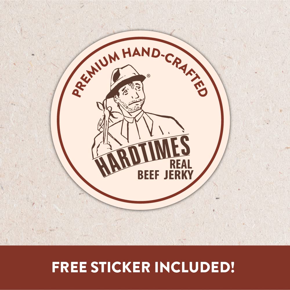 Hardtimes Hot Beef Jerky label with toothpick, nostalgic premium snacking vibe.