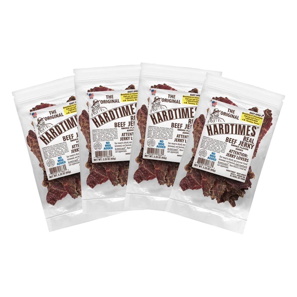 Hardtimes Original Jerky four-pack display, convenient snack option.