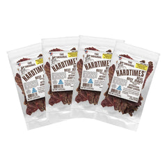 Hardtimes Original Jerky four-pack display, convenient snack option.