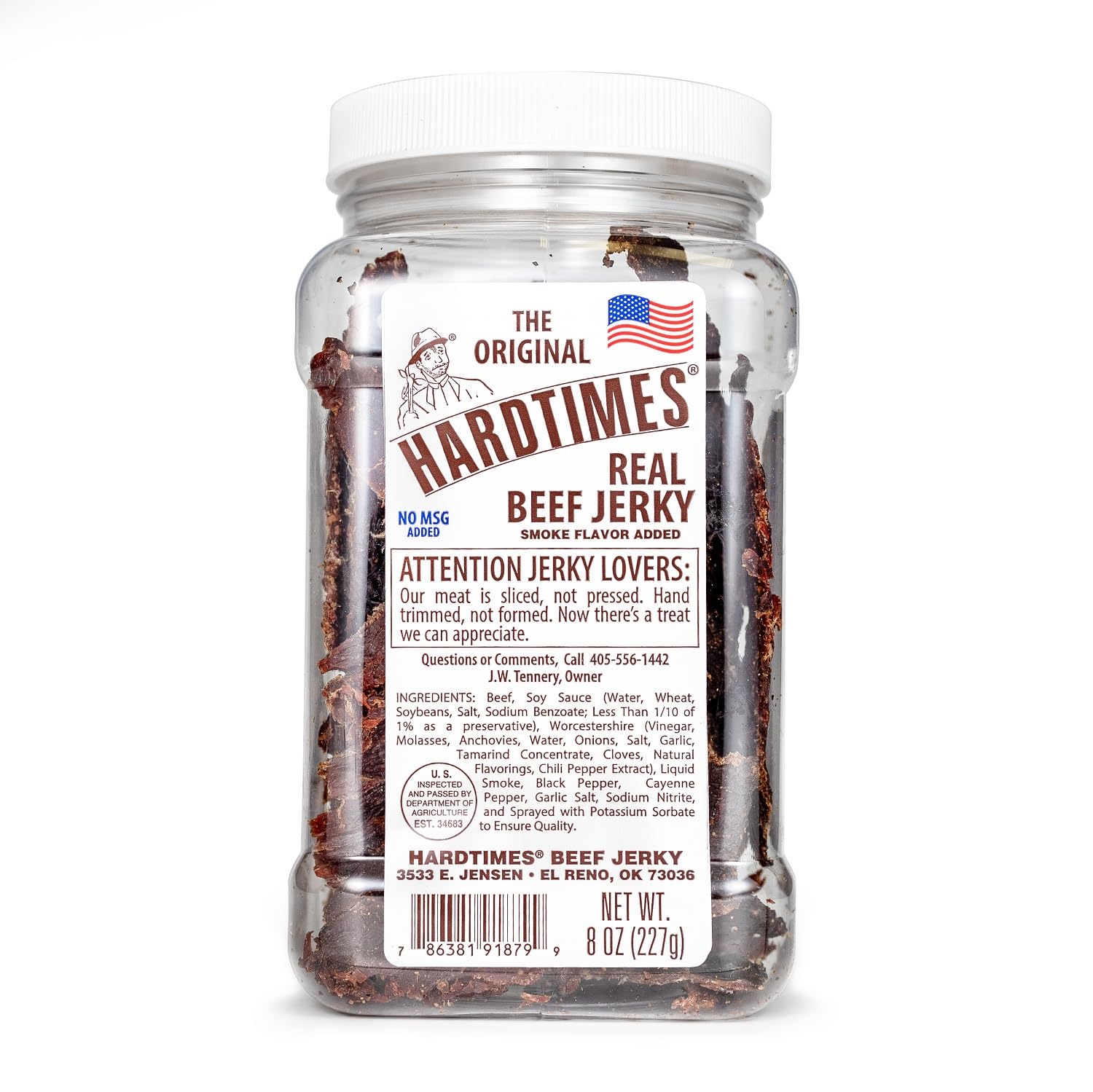 Hardtimes Original Beef Jerky jar on shelf, protein-packed snack