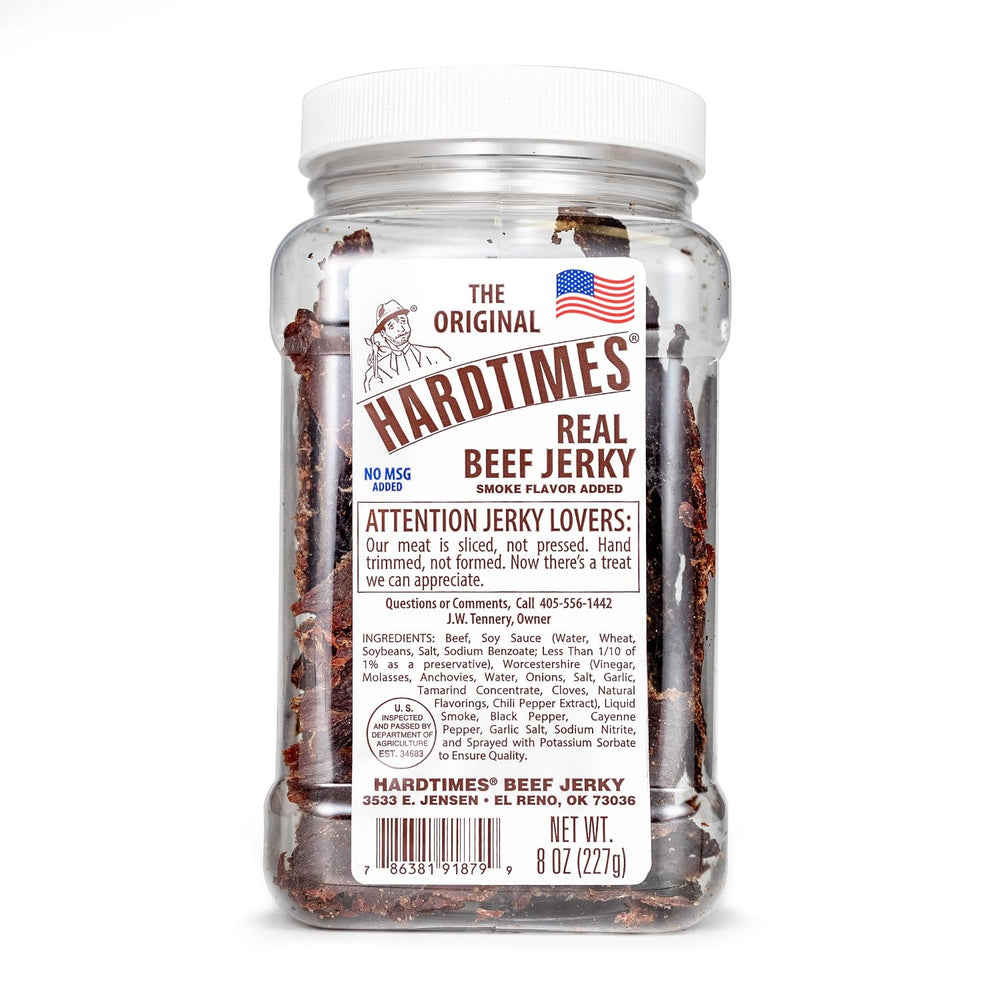 Hardtimes Original Beef Jerky jar on shelf, protein-packed snack