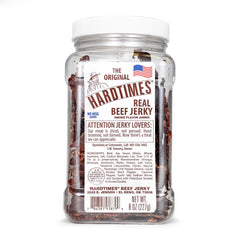 Hardtimes Original Beef Jerky jar on shelf, protein-packed snack