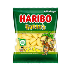 Haribo Banana Candies pack front view, ideal for sharing at parties.