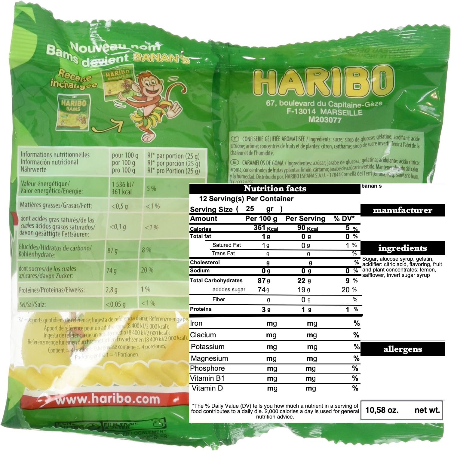 Haribo Banana Candies product display on store shelf, eye-catching for impulse buys.