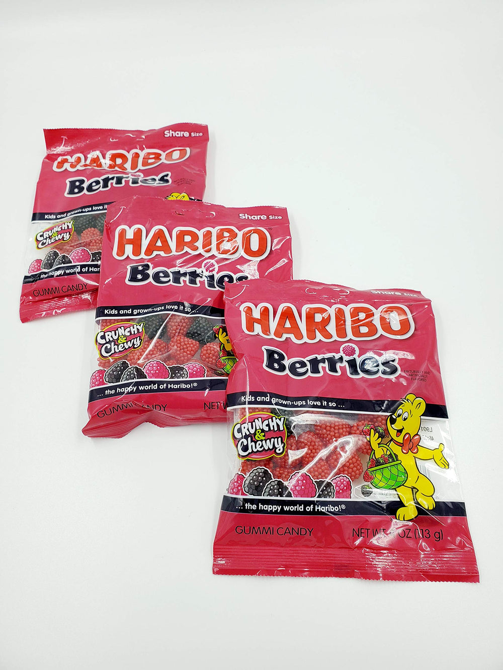 Haribo Berries 3 Pack bags display chewy, fruity gummies ready for on-the-go snacking.