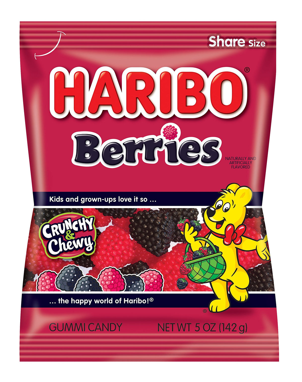 HARIBO Berries Gummi Candy bag front view, ideal party snack for sharing.
