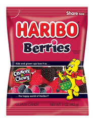 HARIBO Berries Gummies bag front shows red and black berries, perfect for sharing.