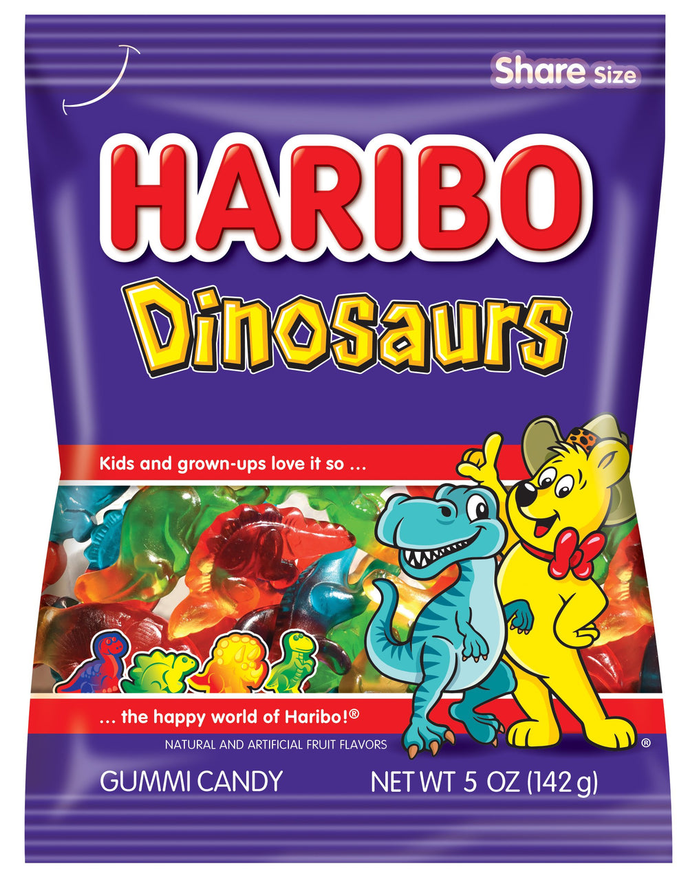 HARIBO Dinosaurs gummies on the bag front, a kid-friendly snack option.