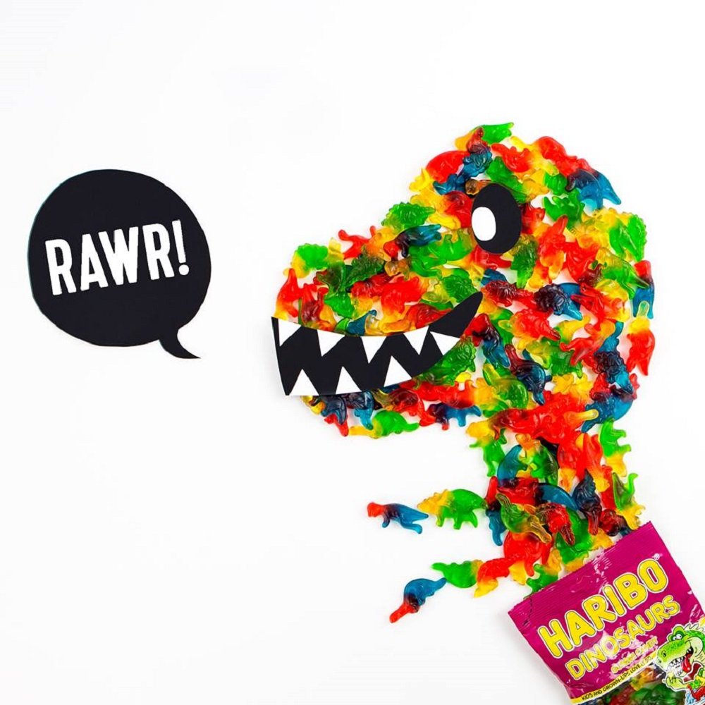 HARIBO Dinosaurs gummies on display, perfect party favor.