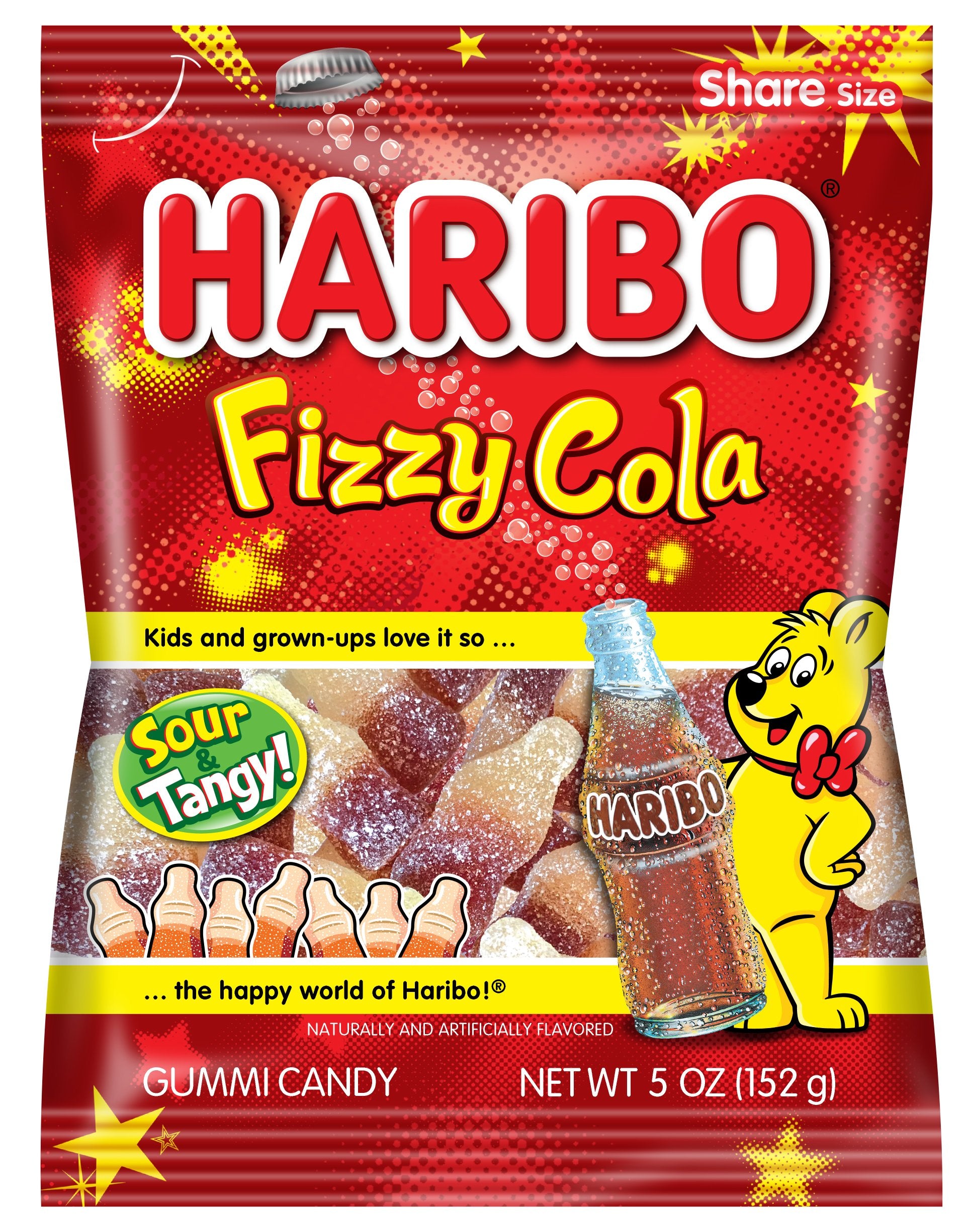 Haribo Fizzy Cola Gummi bottles close-up with tangy coating for a lively snack.