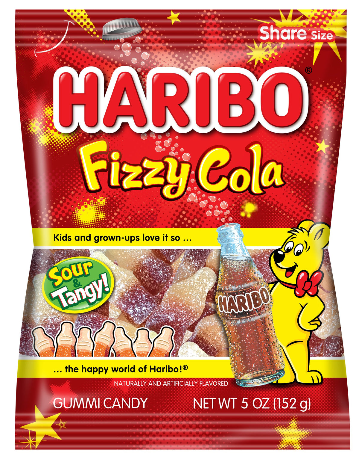 HARIBO Fizzy Cola gummy bottles seen from top view, ideal party snacks.