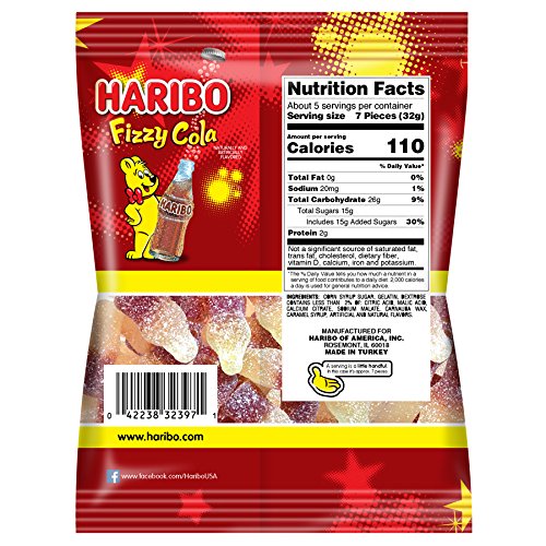 HARIBO Fizzy-Cola gummy close-up shows chewy texture for a bite.