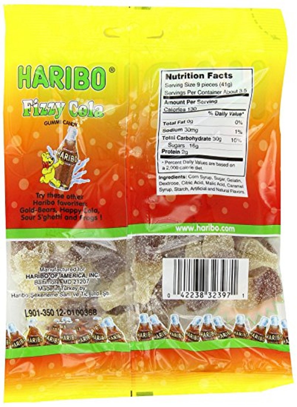 Haribo Fizzy Cola candies inside a bag highlight bold flavor and chewy texture.