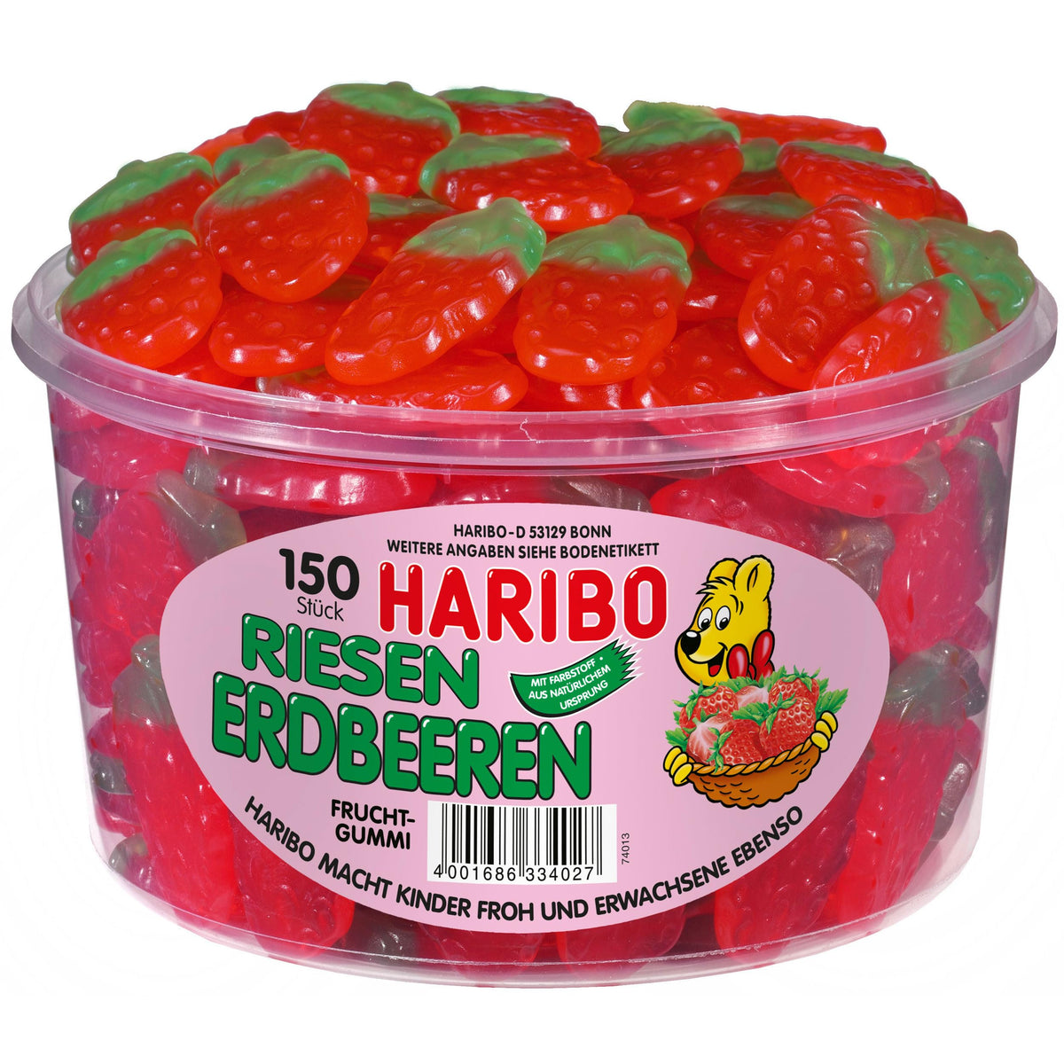 Haribo Giant Strawberries tub with 150 red gummies, ideal for sharing at parties.
