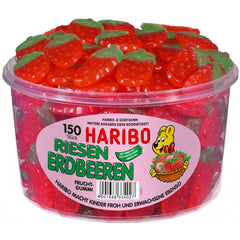 Haribo Giant Strawberries tub with 150 red gummies, ideal for sharing at parties.