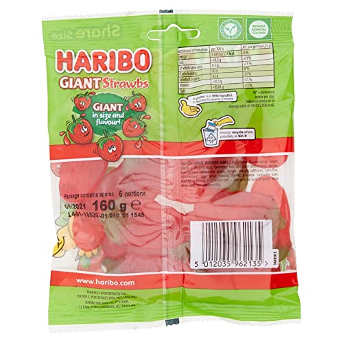 Haribo Giant Strawbs 160g fruit detail showcases bright, fruit-flavoured bites for snack time.