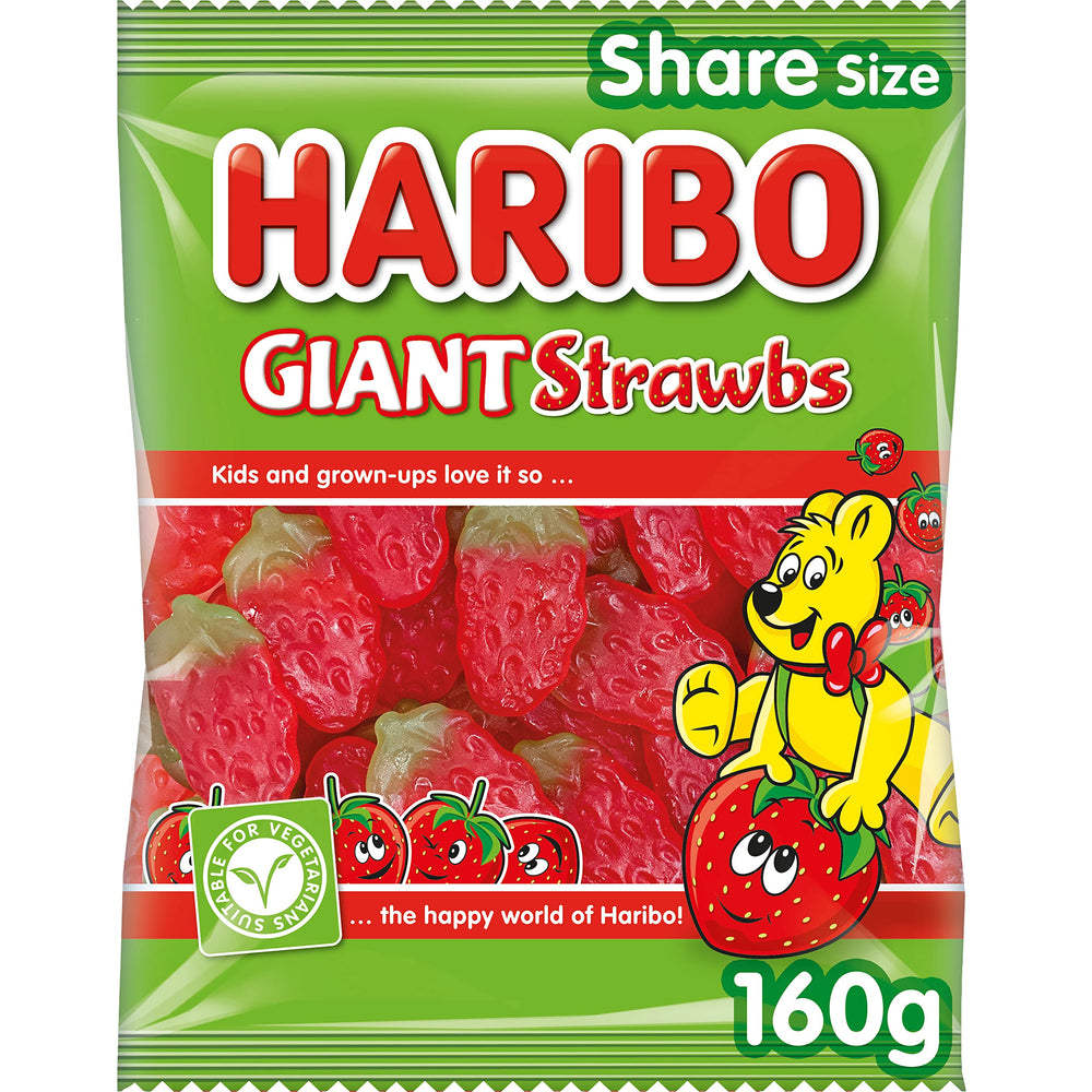 Haribo Giant Strawbs 160g pack shot highlights shareable family size.