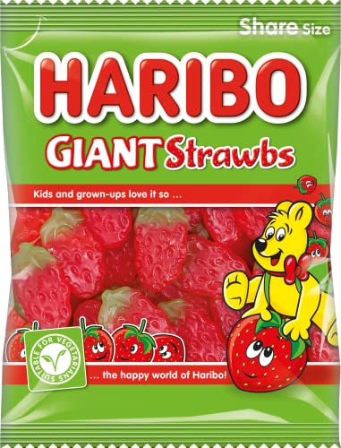 Haribo Giant Strawbs 160g wrapper closeup showcasing chewy strawberry flavour.