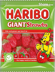 Haribo Giant Strawbs 160g wrapper closeup showcasing chewy strawberry flavour.