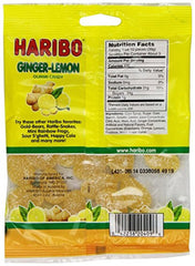 Haribo Ginger Lemon candies closeup highlighting tangy bite and sparkling sugar crystals.