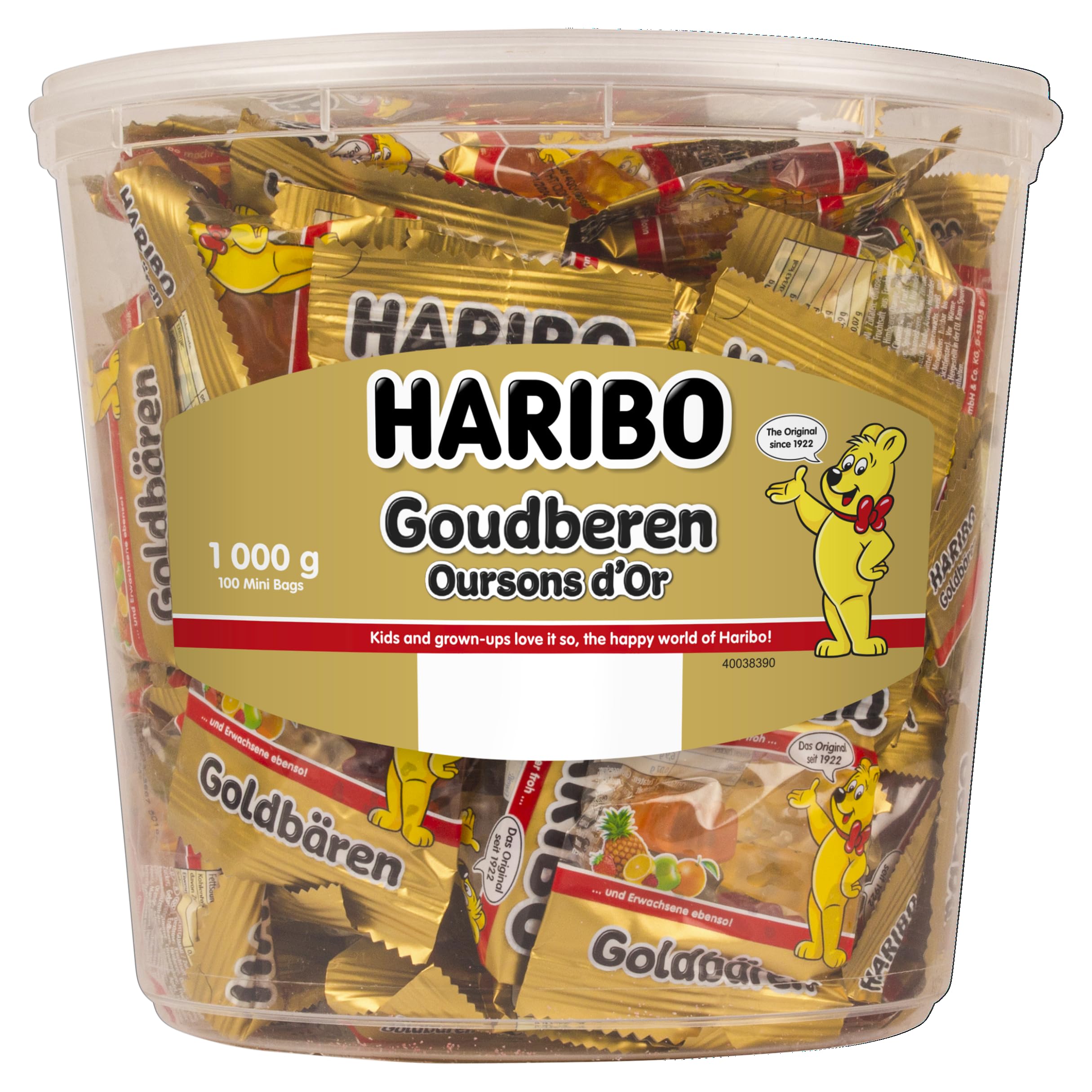 Haribo Gold Bears 980g tub front view, showcasing the colorful flavors for sharing.