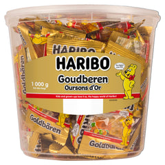 Haribo Gold Bears 980g tub front view, showcasing the colorful flavors for sharing.