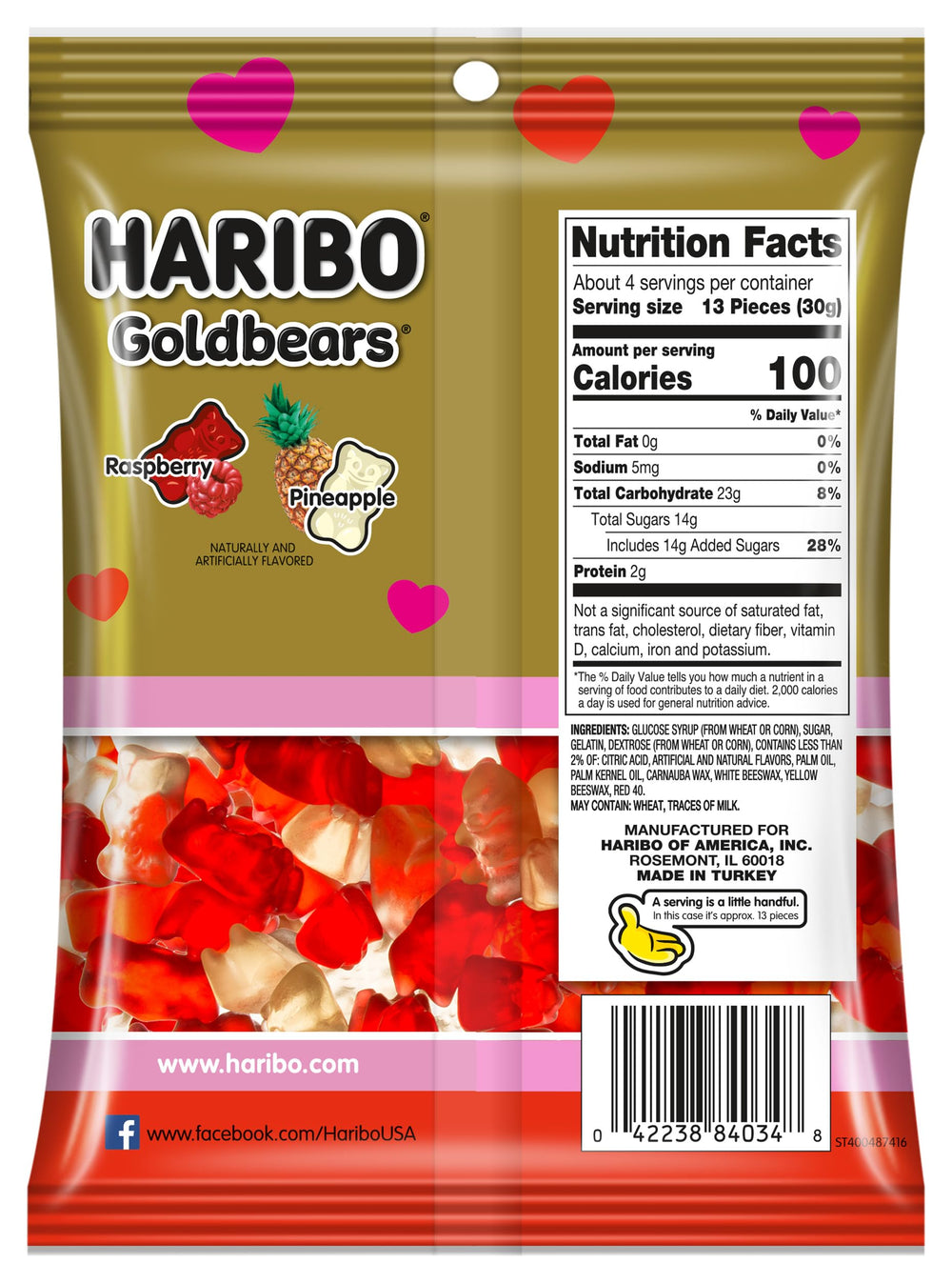 Haribo Gold-Bears 4-ounce peg bag with pineapple and raspberry gummy flavors.