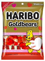 Haribo Gold-Bears Valentine heart-shaped gummies in a reusable peg bag.