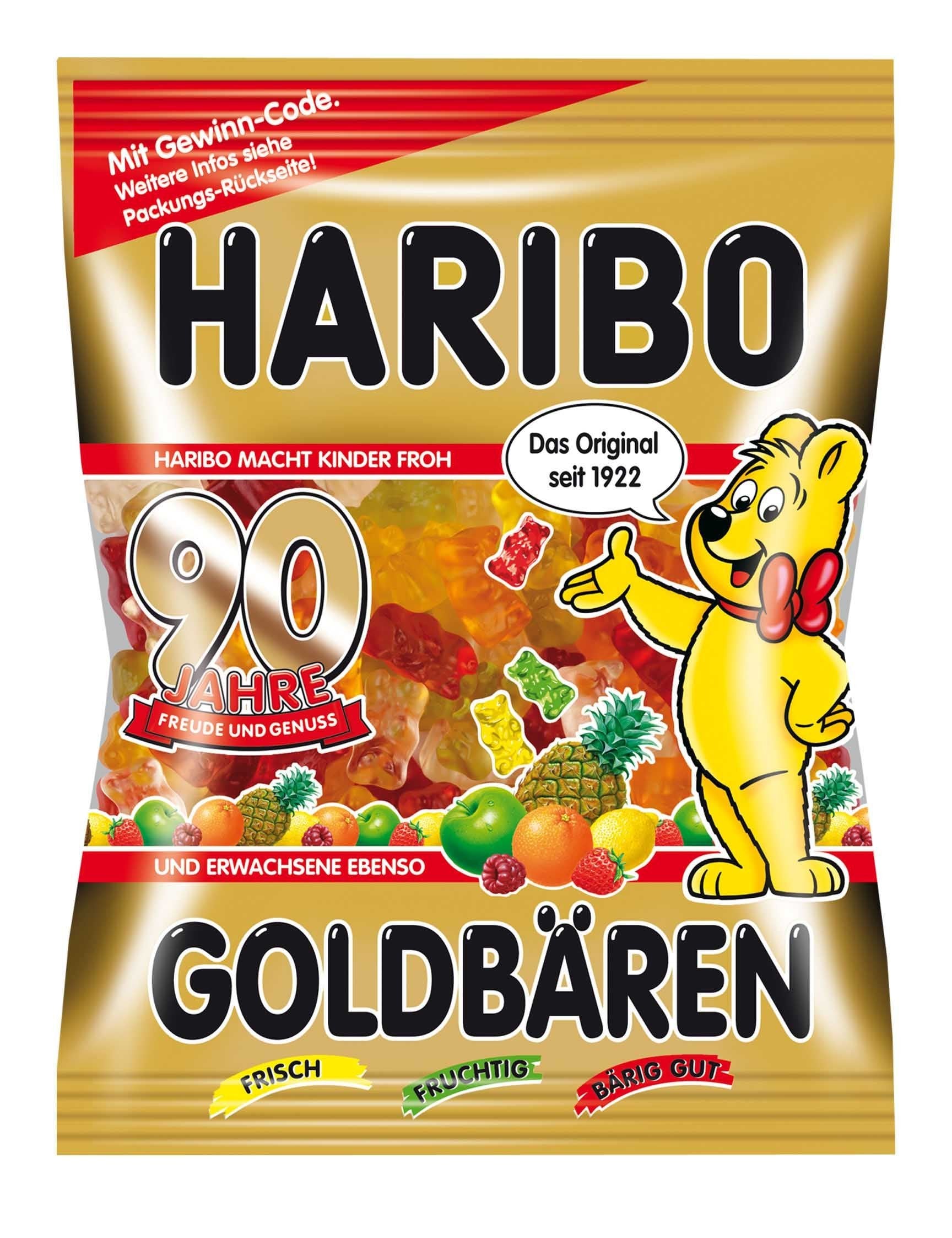 Haribo Goldbaren assorted flavors, bright gummies with glossy finish.