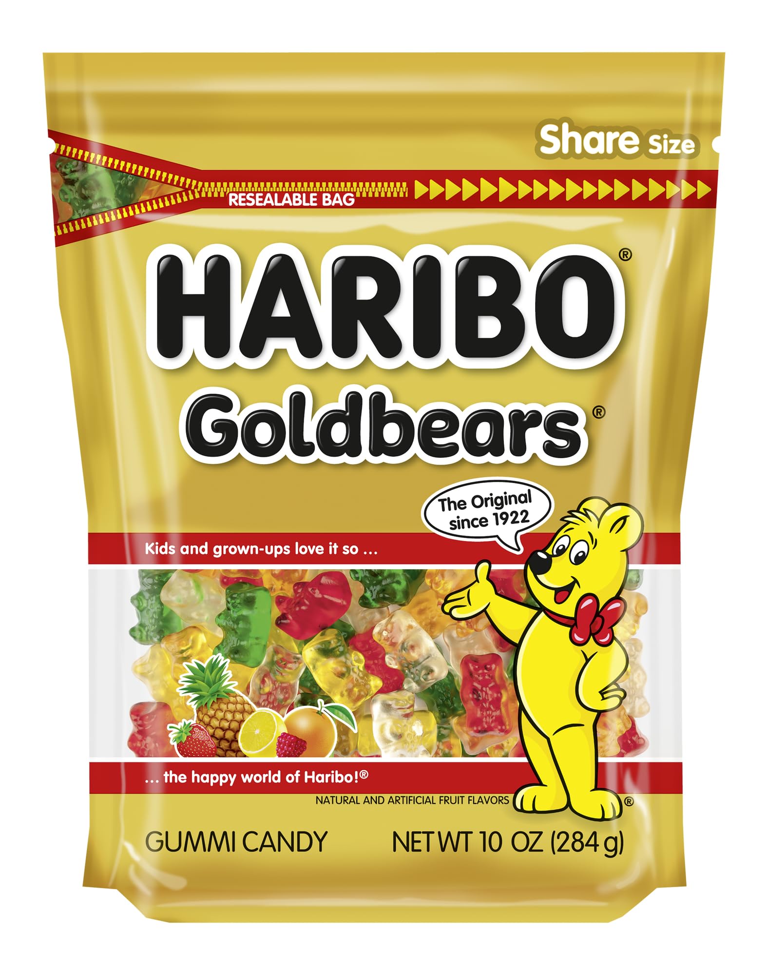 Haribo Goldbears 10oz bag showcasing assorted flavors for snacking and gifting.