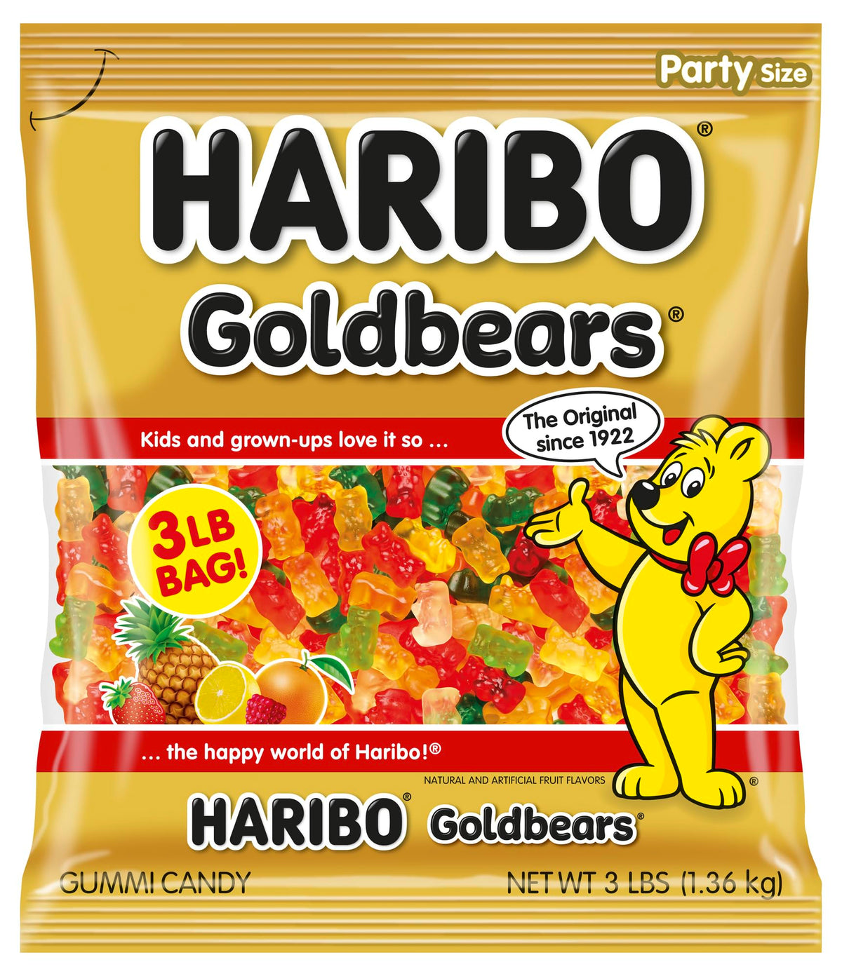 Haribo Goldbears Pineapple flavor clear bears, fruity party snack.