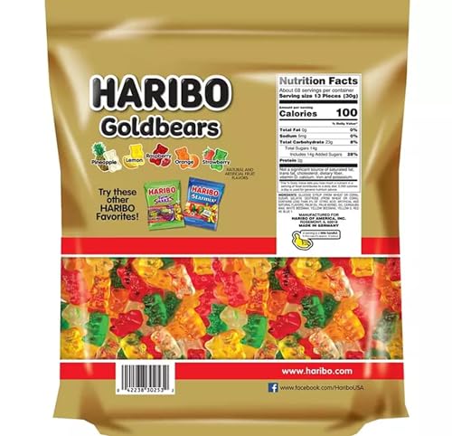 Haribo Goldbears five fruity flavors on display for tasting and variety.