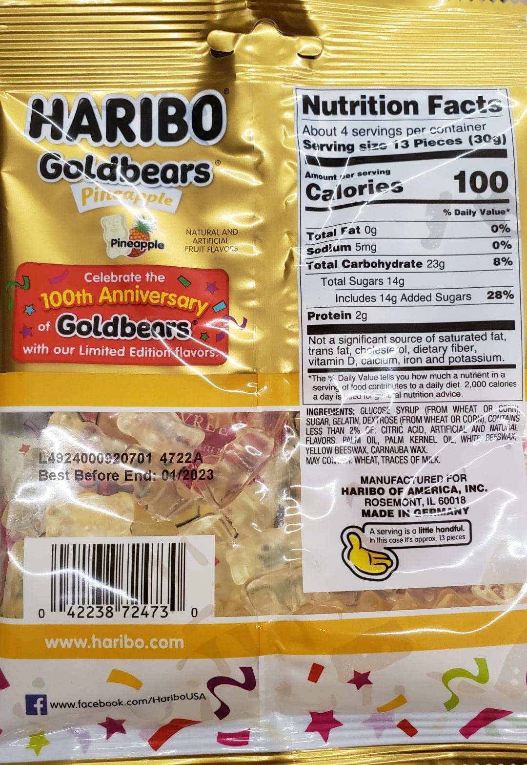 Close-up of HARIBO Goldbears pineapple gummy texture for a tangy-sweet bite.
