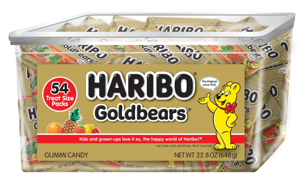 HARIBO Goldbears tub closeup showcasing colorful gummies for sharing