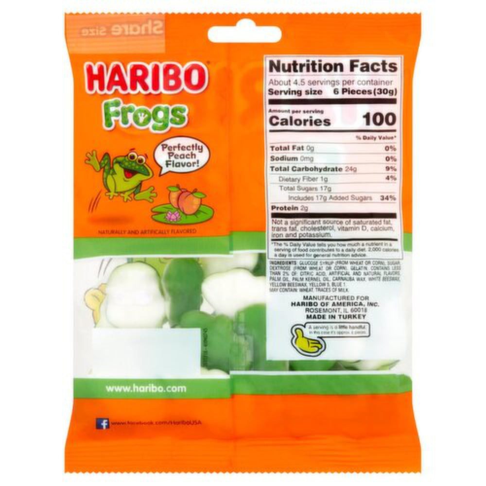 Haribo Gummi Frogs peach flavor close-up shows soft texture.