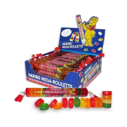 Haribo Gummi Roulettes Mega-Roulette roll in assorted colors and flavors, ideal for sharing at parties.