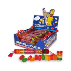 Haribo Gummi Roulettes Mega-Roulette roll in assorted colors and flavors, ideal for sharing at parties.