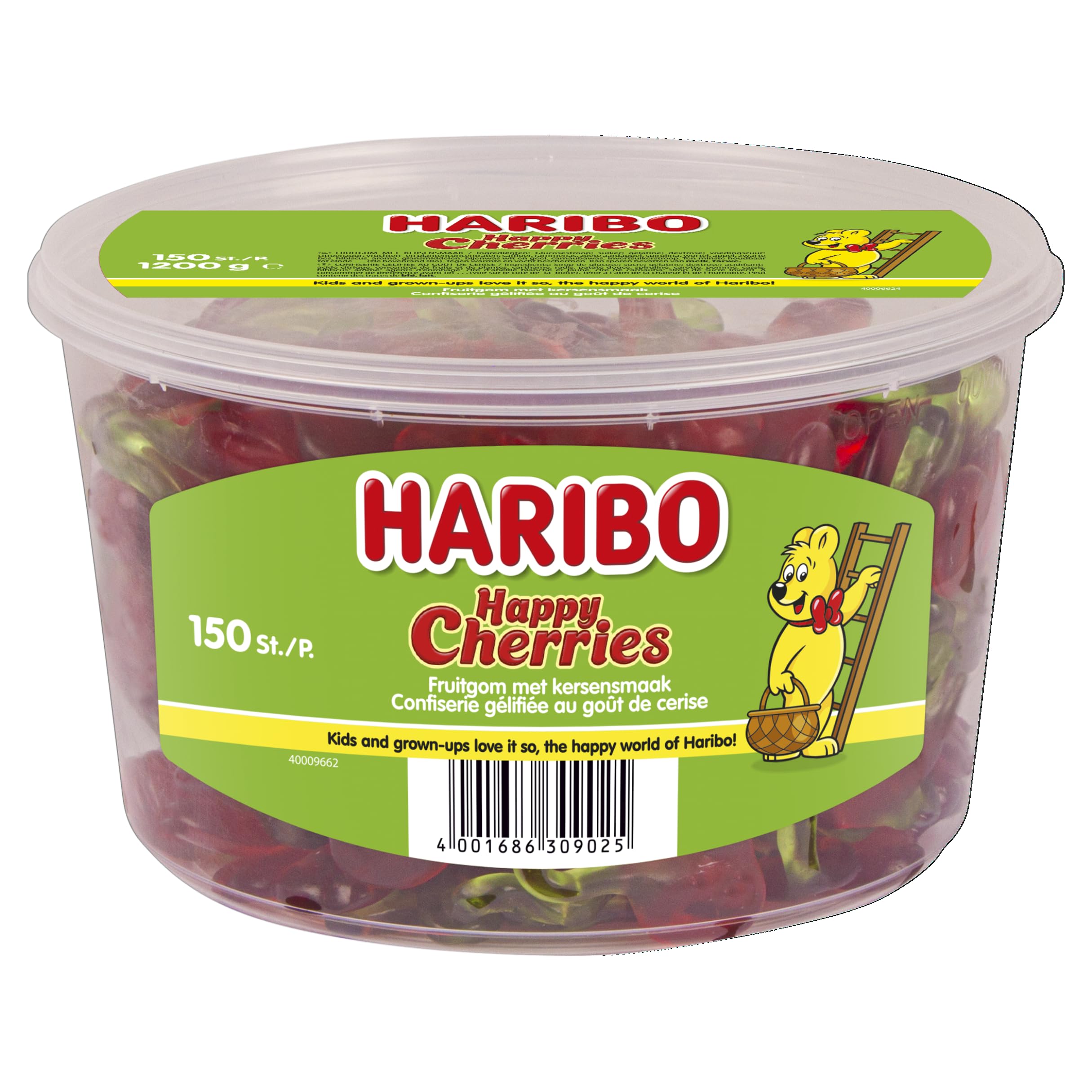 Haribo Happy Cherries close-up shows vibrant gummies for cheerful snacking.