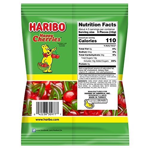 HARIBO Happy Cherries gummies close up showing shape and color.