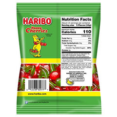 HARIBO Happy Cherries gummies close up showing shape and color.