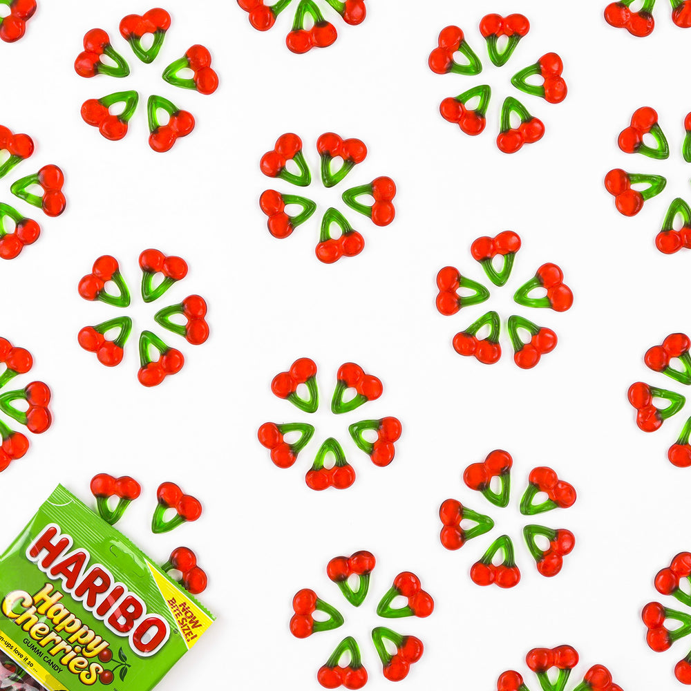 HARIBO Happy Cherries texture close-up with chewy fruit candies.