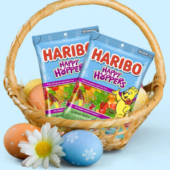 Haribo Happy Hoppers close-up of gummies showing chewy texture and color.