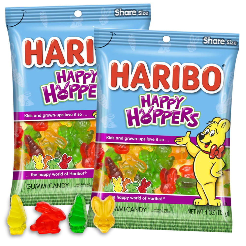 Haribo Happy Hoppers rainbow gummies in a 4 oz pouch, perfect for snacking.