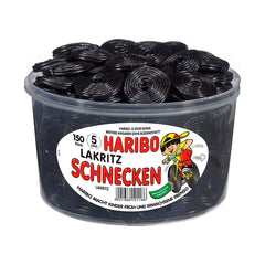 Haribo licorice snails wheels pack shows chewy flavor, perfect for sharing.