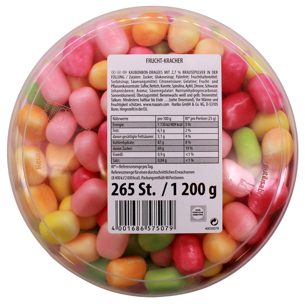 Haribo Maoam Fruit Crunchers Tub close-up highlights glossy candies and bright fruit flavors.
