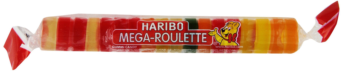HARIBO Mega-Roulette gummy roll, colorful on-the-go snack option.