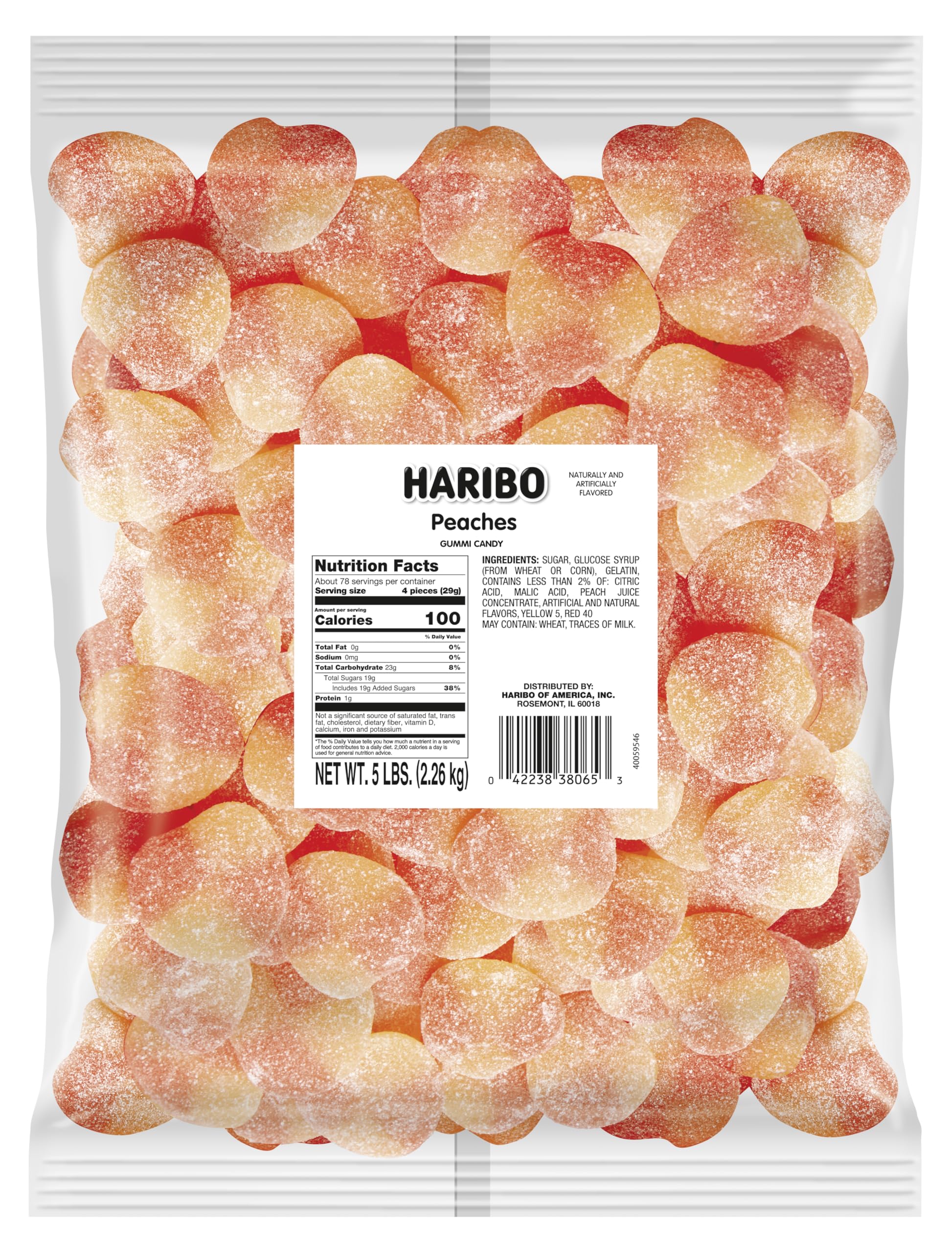 Haribo Peaches gummy candy bag showing vibrant color, ideal for sharing